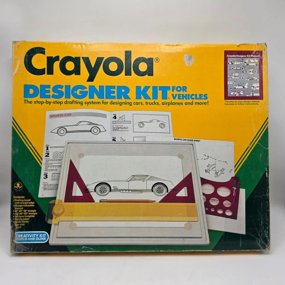 Crayola Designer Kit Vehicles Kids Yellow Vintage 1989 Drafting‎ Set Retro Toy